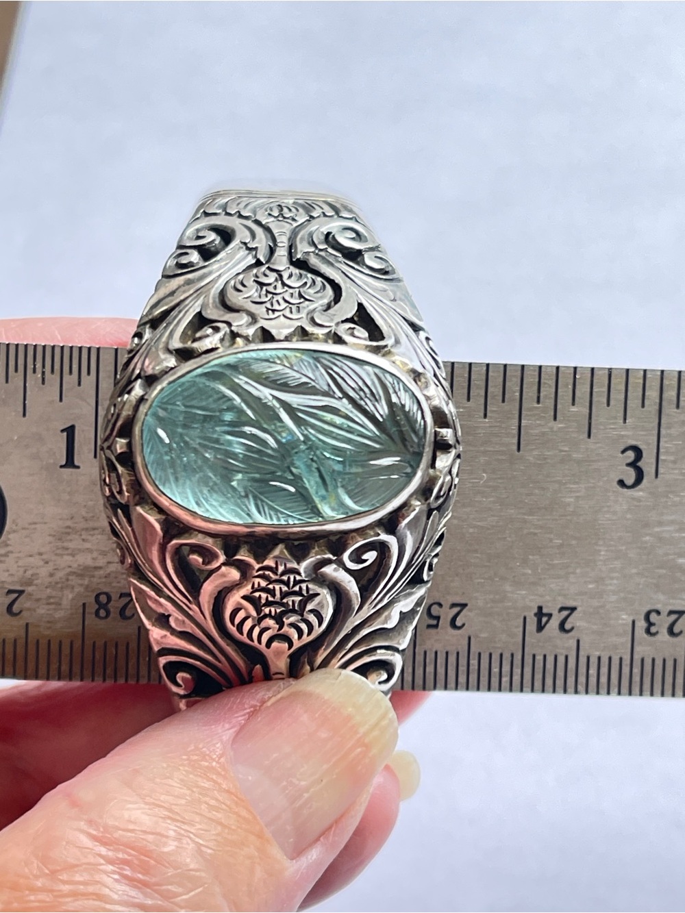 Vintage Antique Style Thistle Design Carved Aquamarine Intaglio Bracelet 950 55g - Picture 11 of 14